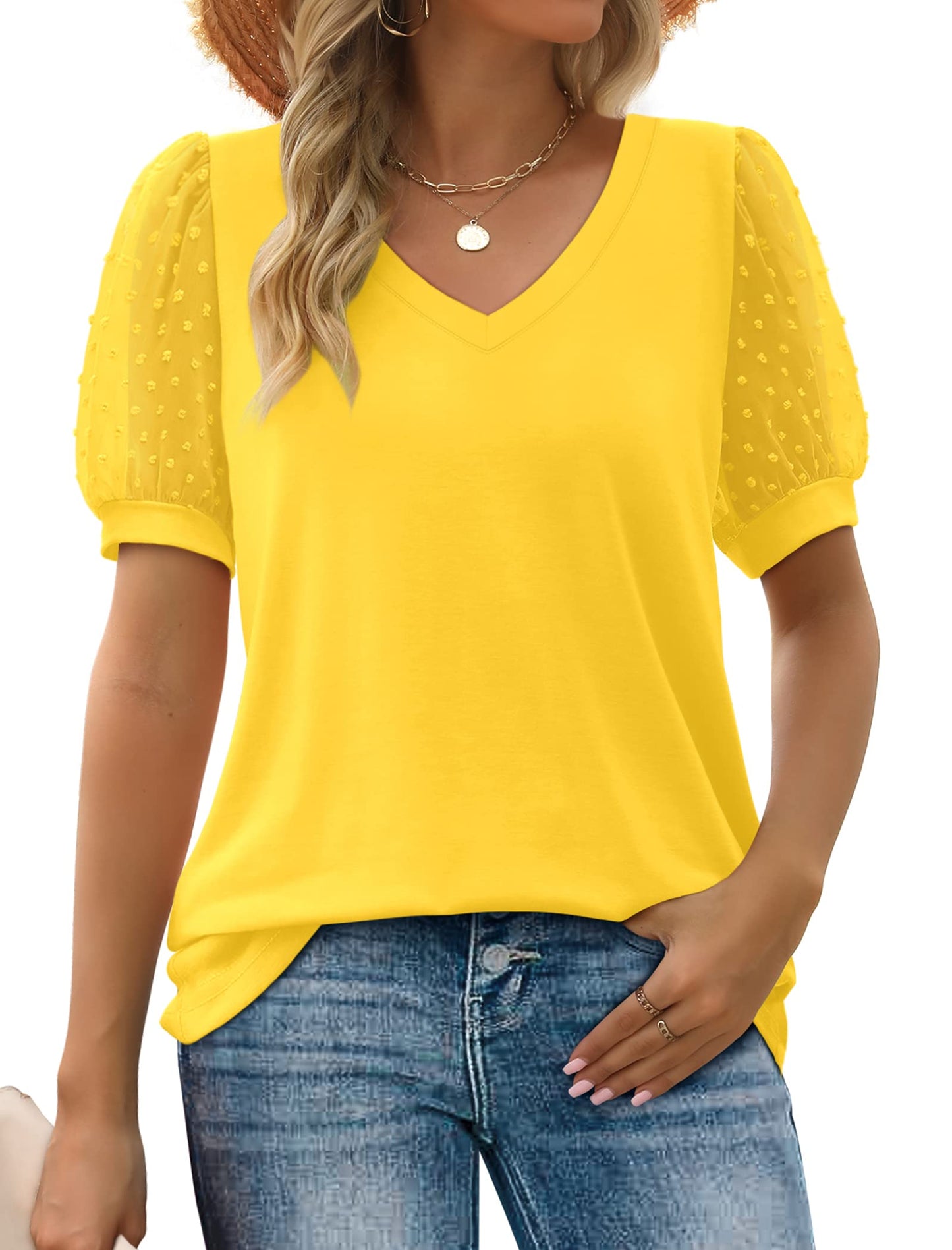 ✨New Women's Summer V Neck T Shirts Swiss Dot Puff Sleeve Tops(BUY 3 FREE SHIPPING)