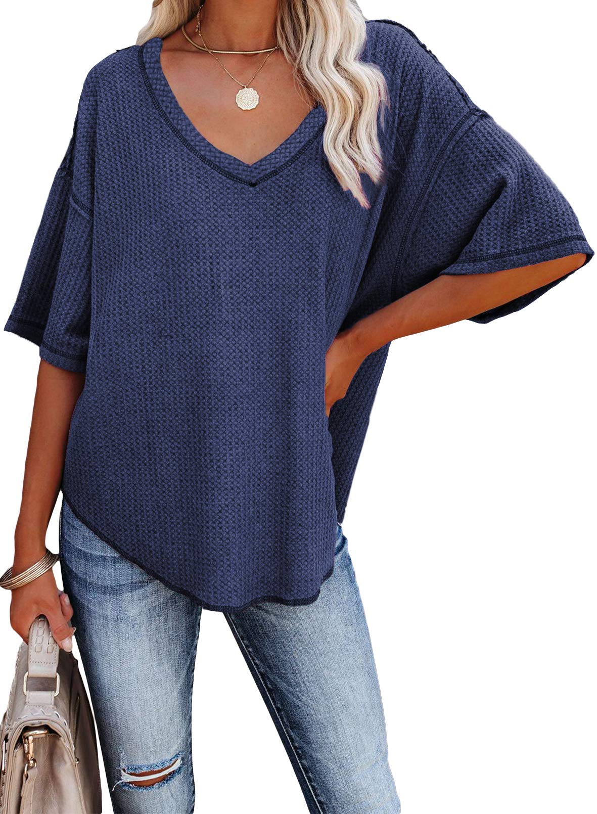 ✨Women's Causual V Neck Short Sleeve Shirts Waffle Knit Loose Tunic Tops(buy 3 free shipping)