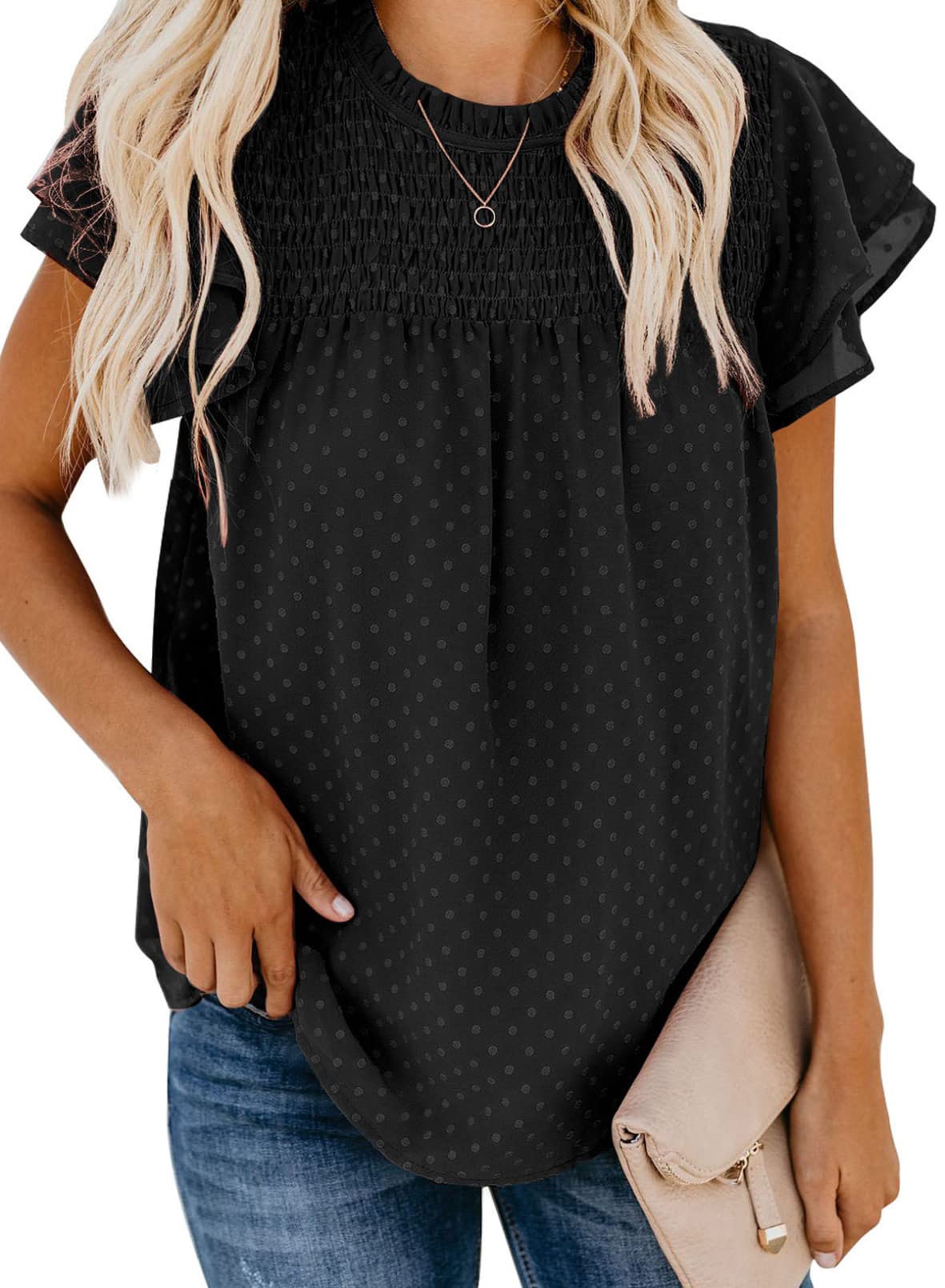 ✨Womens Crewneck Lace Crochet Pom Pom Flowy Short Sleeve Casual Shirts Blouses