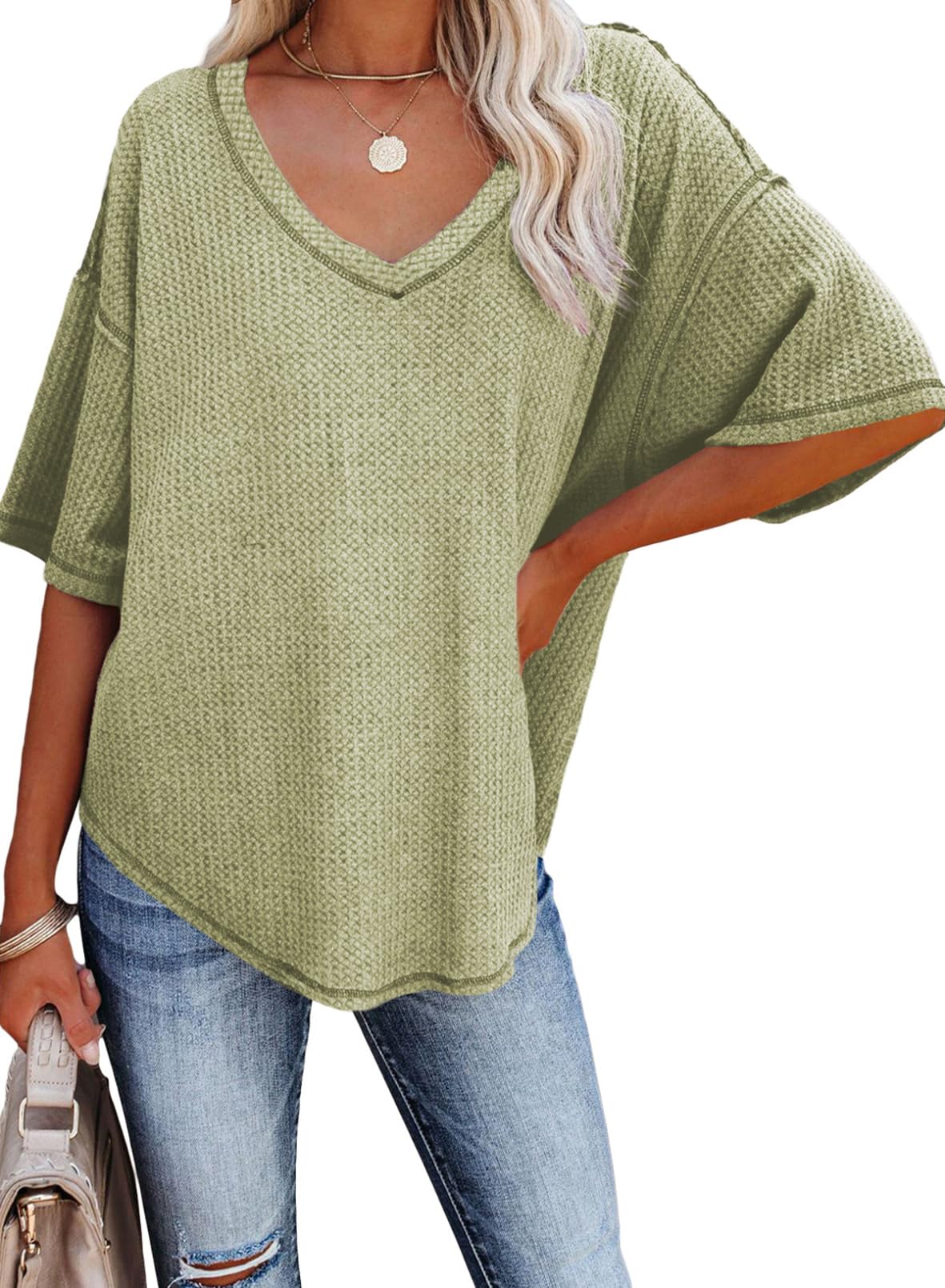 ✨Women's Causual V Neck Short Sleeve Shirts Waffle Knit Loose Tunic Tops(buy 3 free shipping)