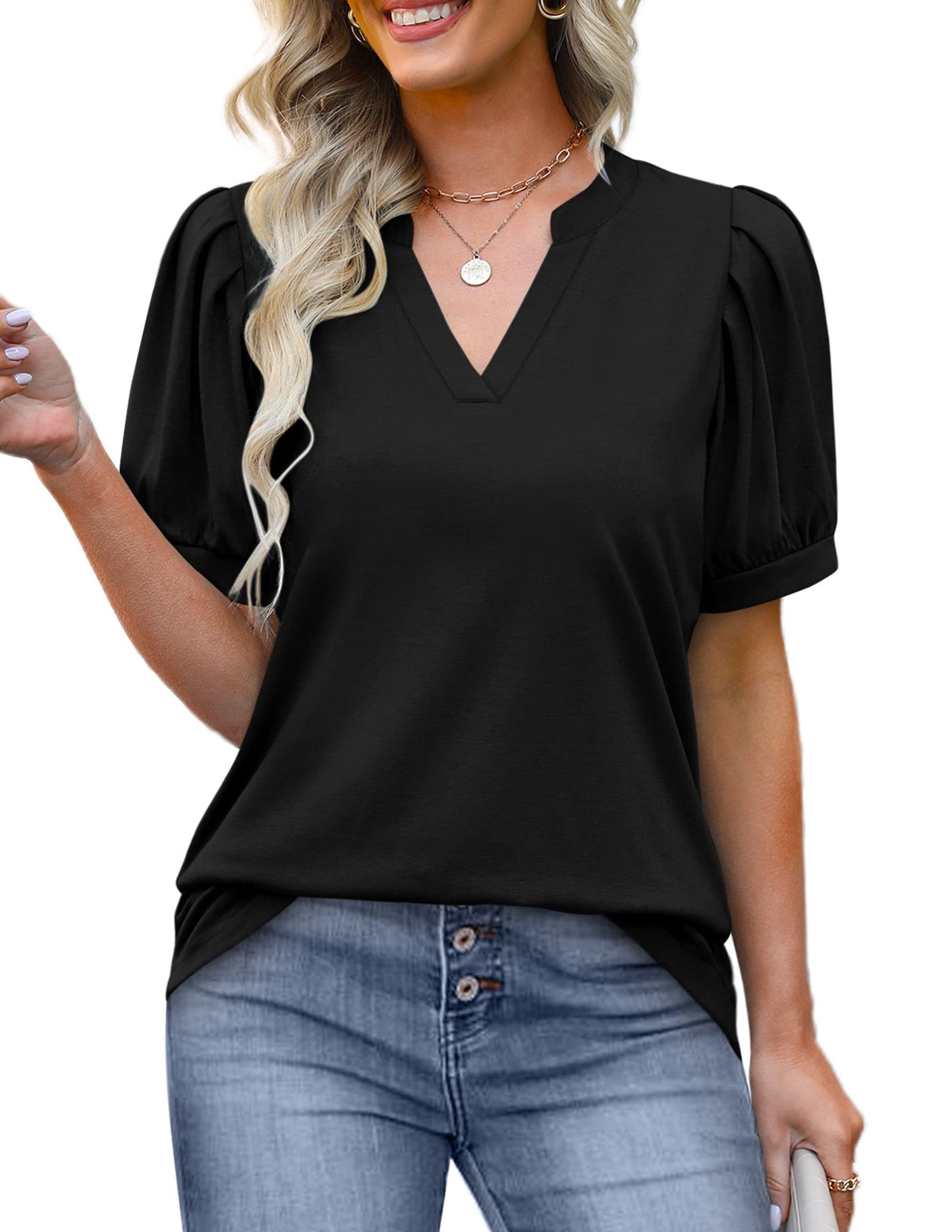 ✨Women's Pleated Puff Sleeve V Neck Tunic Tops(buy 3 free shipping)