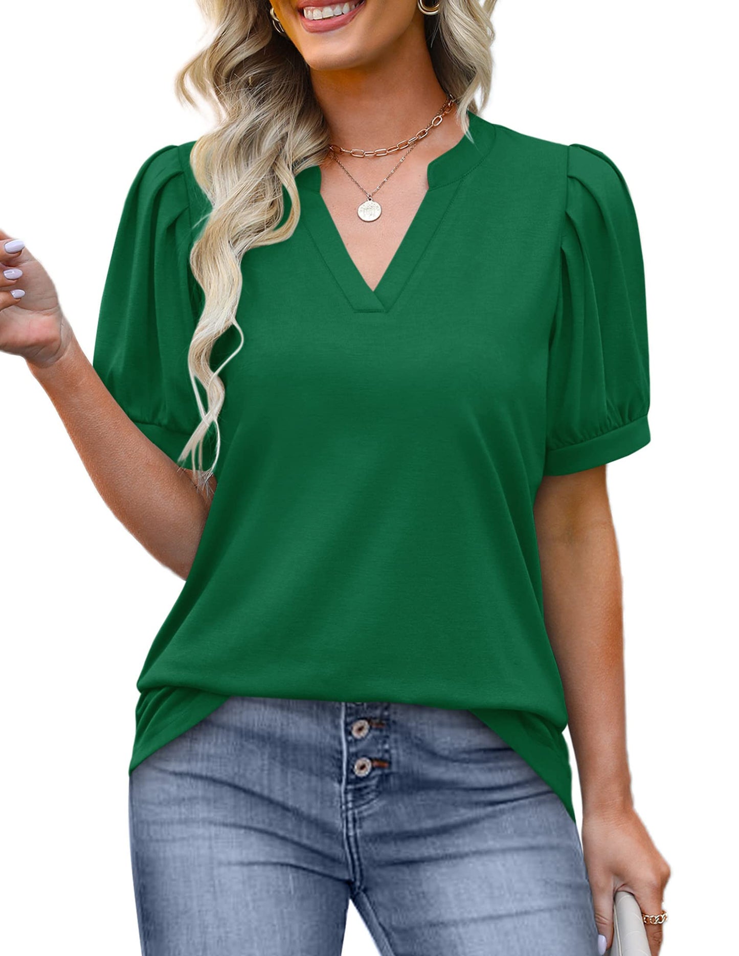 ✨Women's Pleated Puff Sleeve V Neck Tunic Tops(buy 3 free shipping)