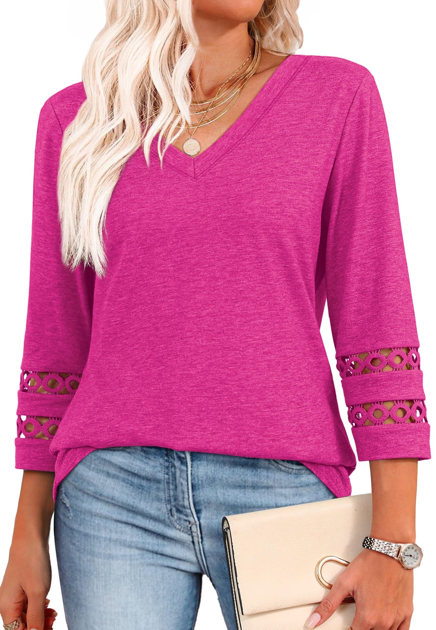 ✨Womens 3/4 Length Sleeve Tops Trendy V Neck T Shirts(buy 3 free shipping)