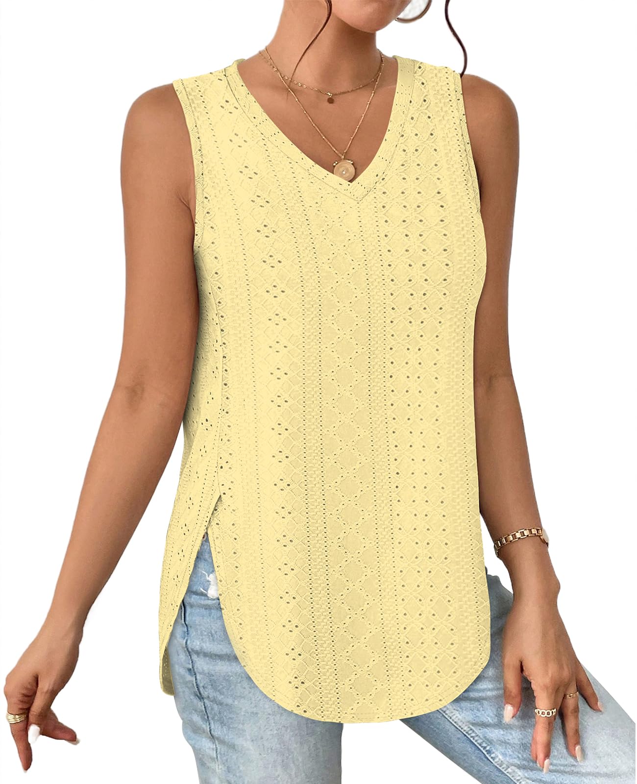 ✨ Womens V Neck Eyelet Embroidery Casaul Sleeveless Shirts(BUY 3 FREE SHIPPING)