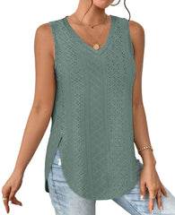 ✨ Womens V Neck Eyelet Embroidery Casaul Sleeveless Shirts(BUY 3 FREE SHIPPING)