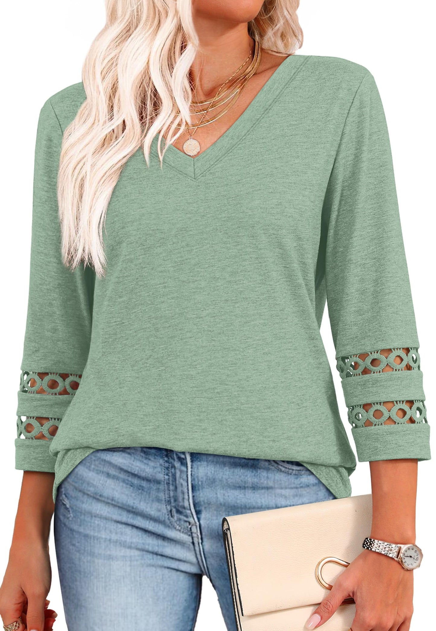 ✨Womens 3/4 Length Sleeve Tops Trendy V Neck T Shirts(buy 3 free shipping)