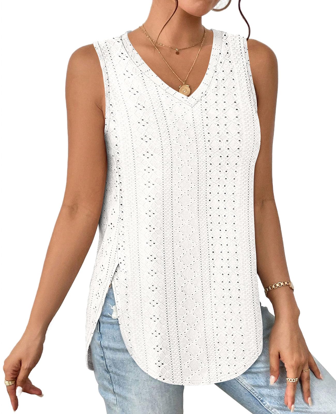 ✨ Womens V Neck Eyelet Embroidery Casaul Sleeveless Shirts(BUY 3 FREE SHIPPING)