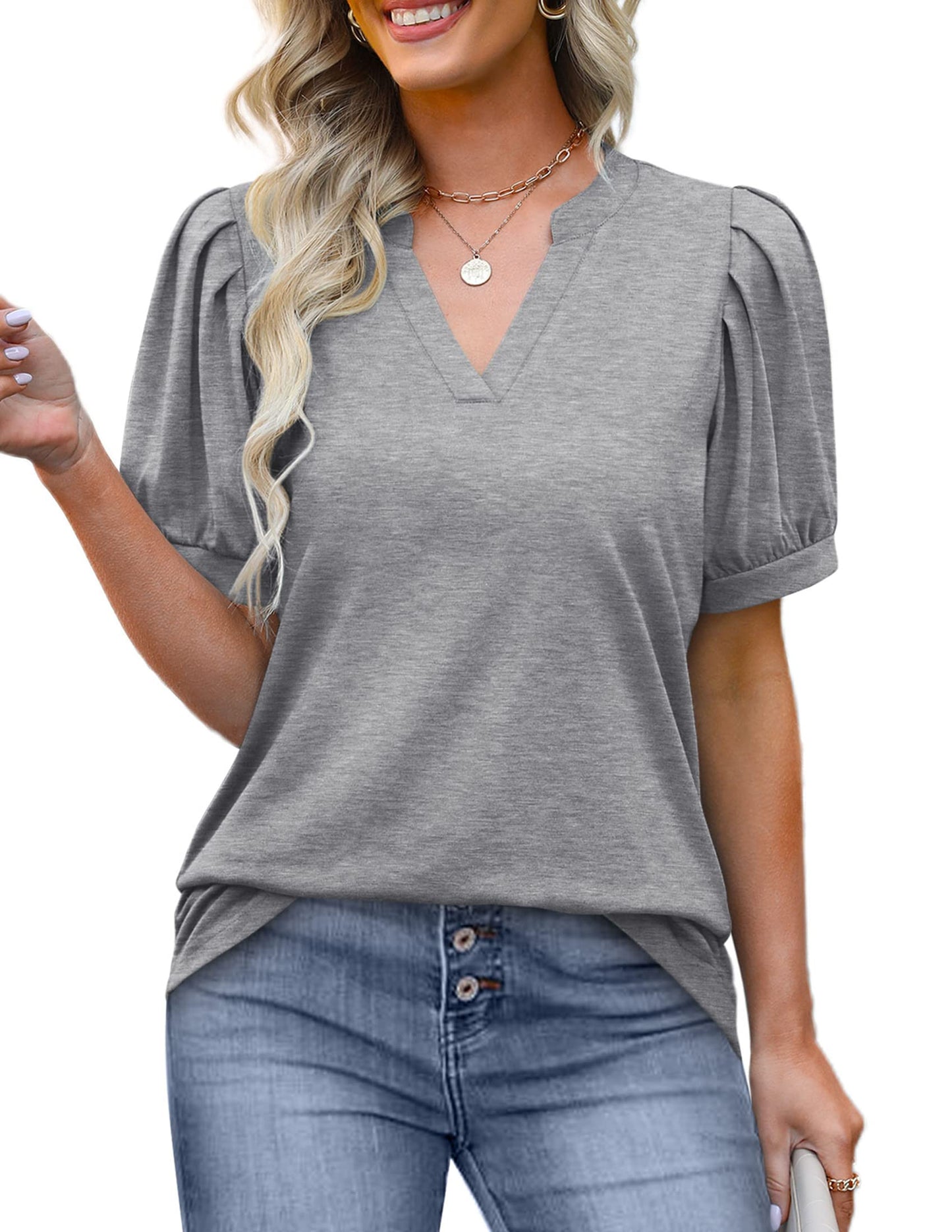 ✨Women's Pleated Puff Sleeve V Neck Tunic Tops(buy 3 free shipping)