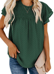 ✨Womens Crewneck Lace Crochet Pom Pom Flowy Short Sleeve Casual Shirts Blouses