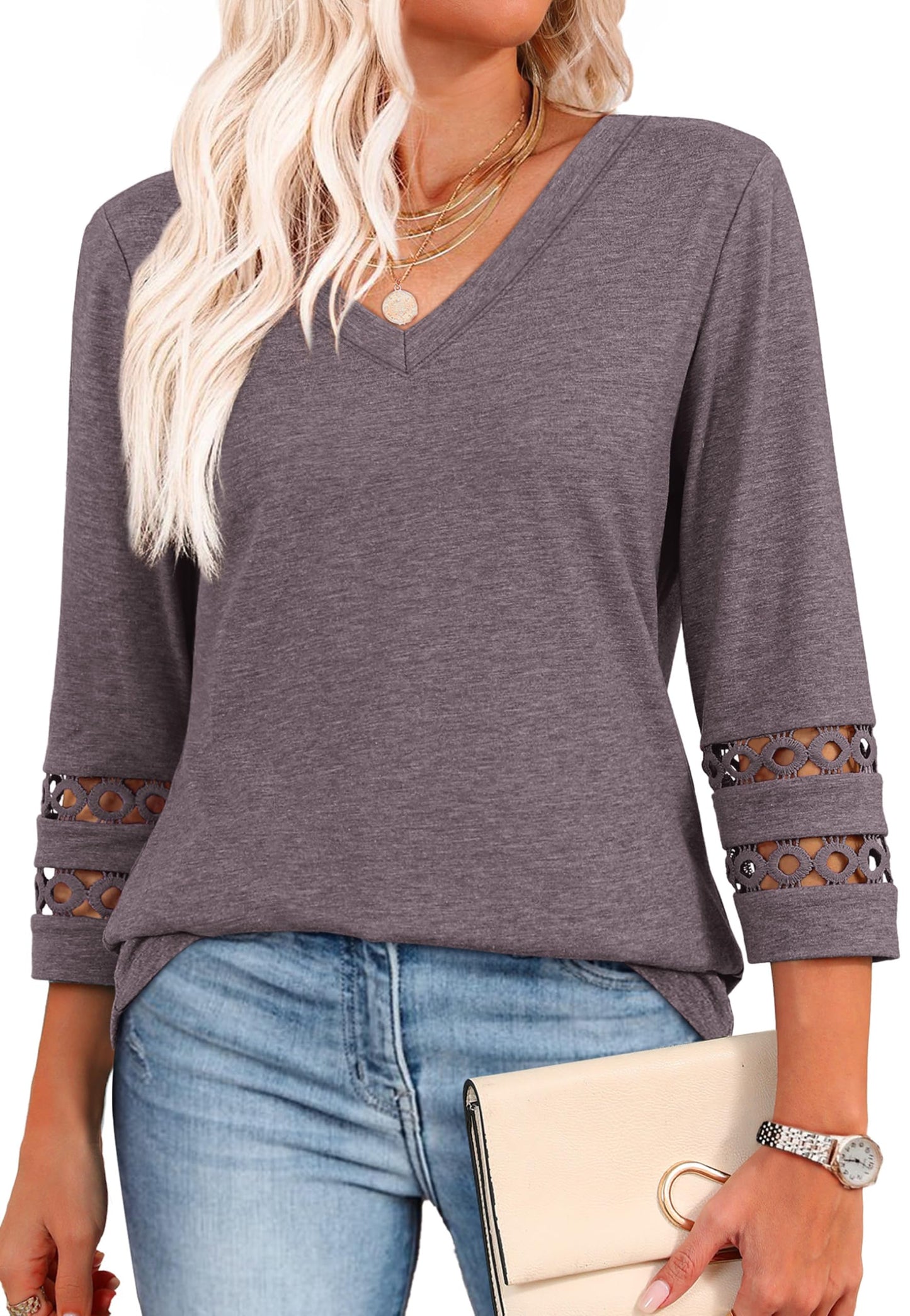 ✨Womens 3/4 Length Sleeve Tops Trendy V Neck T Shirts(buy 3 free shipping)