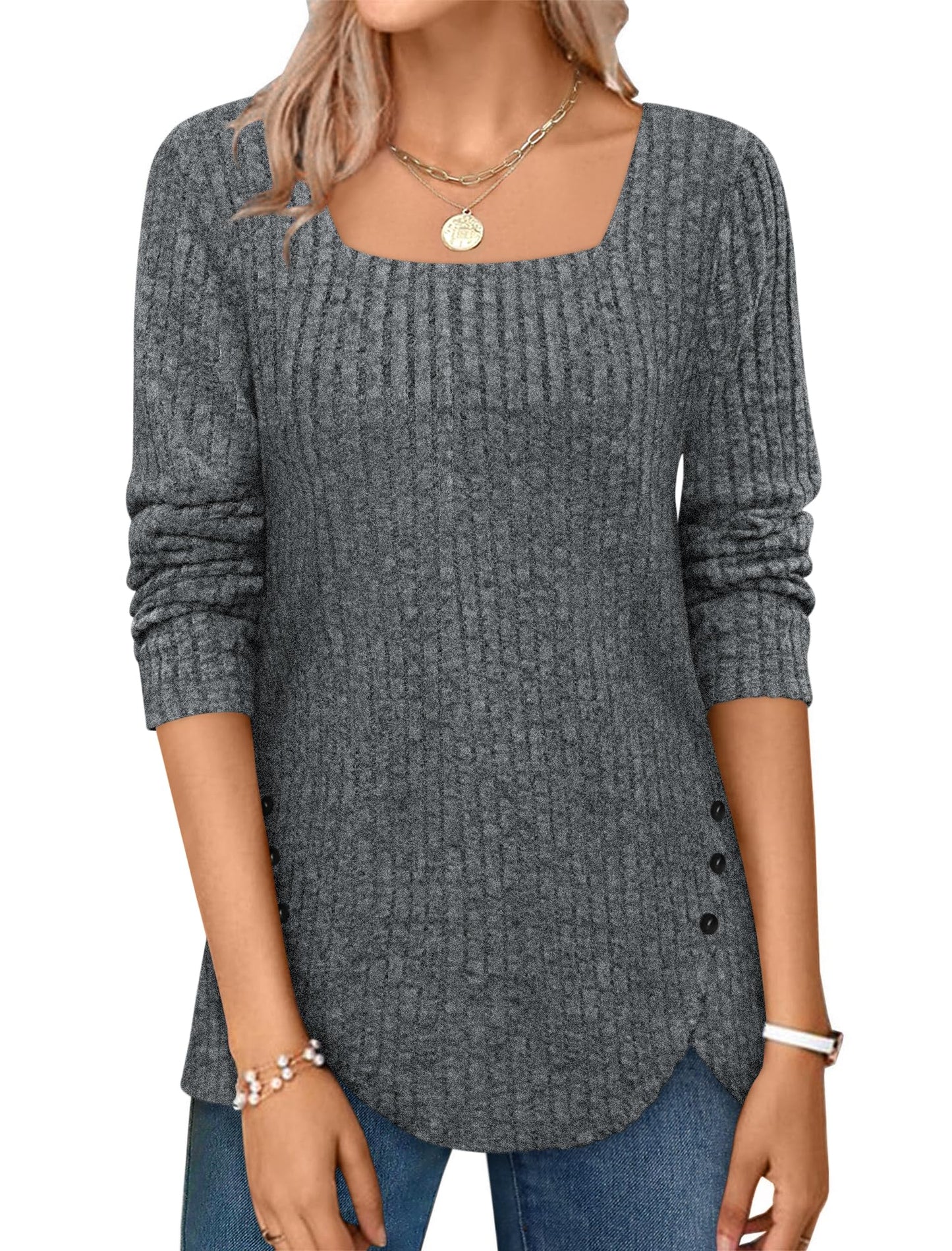 ✨Squared Neck Sweater Ribbed Knit Tunic Tee Shirts(Buy 2 Free Shipping)