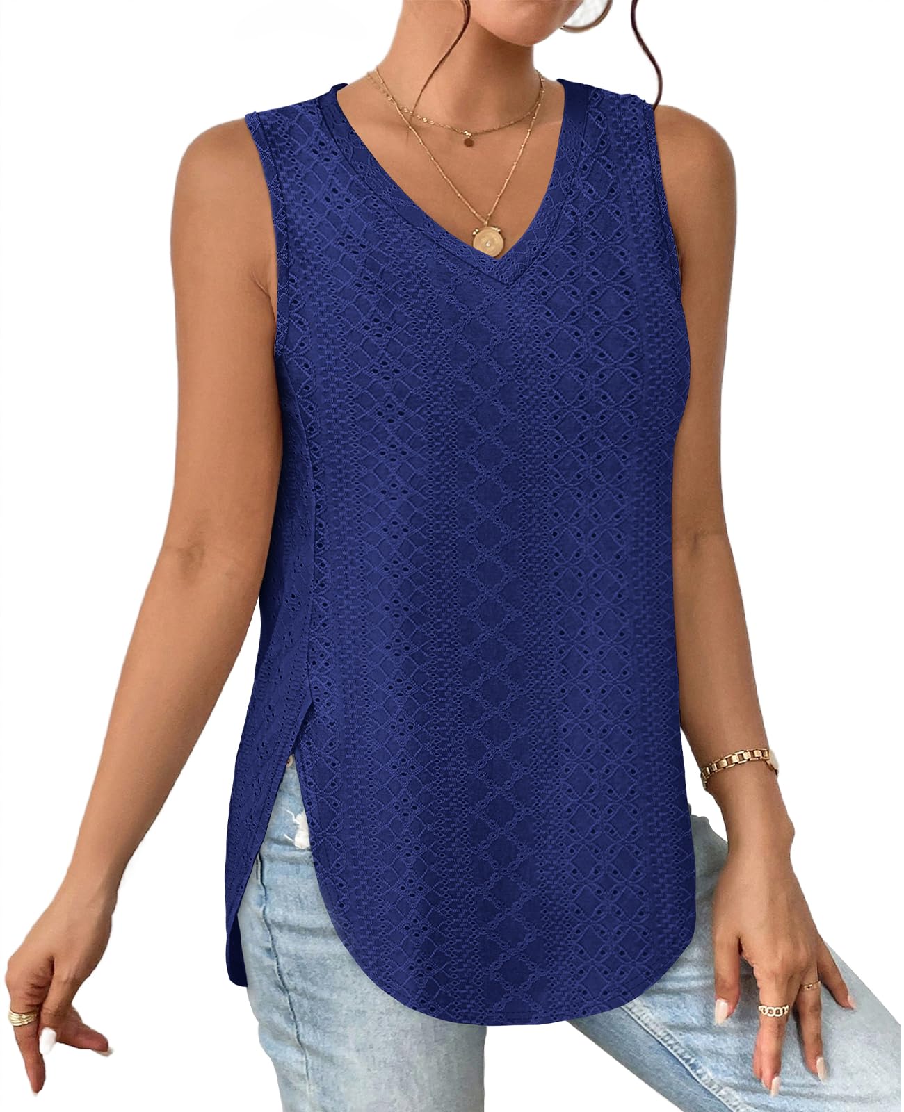 ✨ Womens V Neck Eyelet Embroidery Casaul Sleeveless Shirts(BUY 3 FREE SHIPPING)