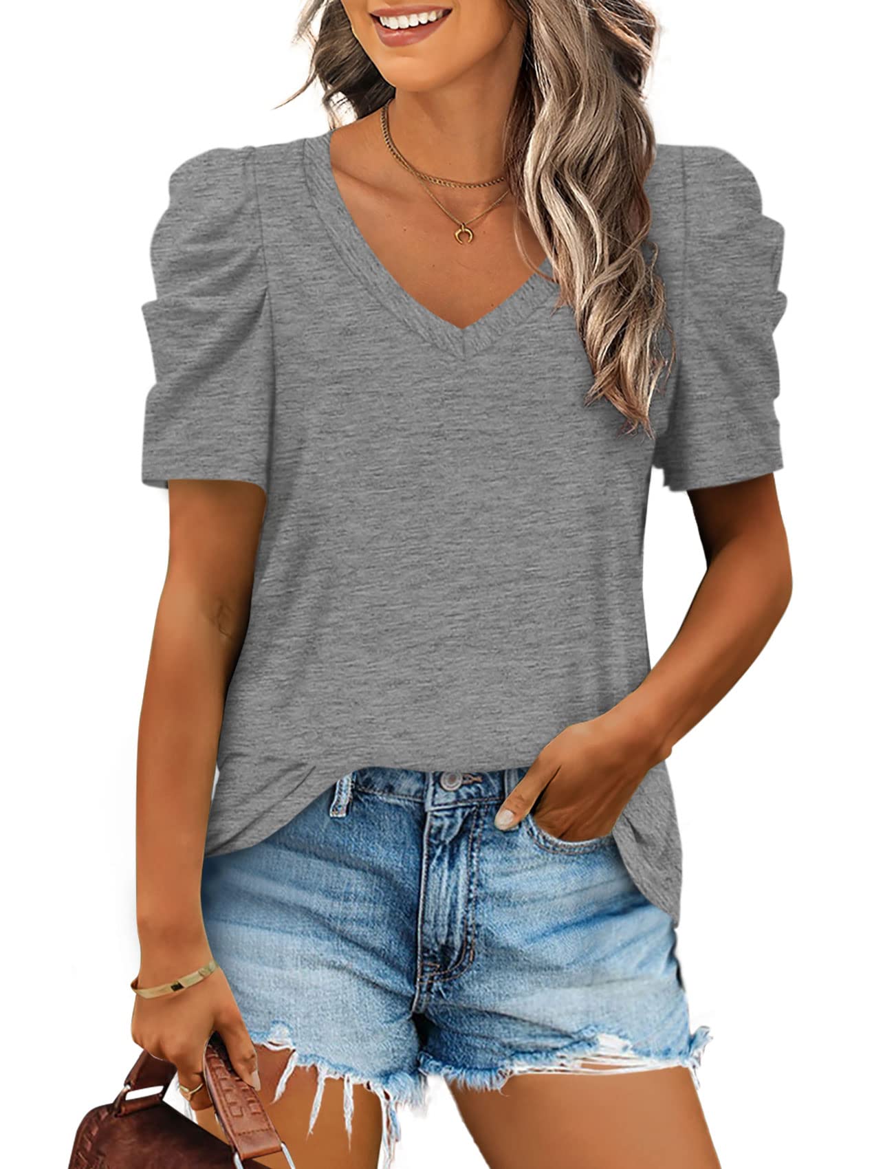 ✨Women's Summer V Neck Puff Sleeve Tshirts(BUY 3 Free Shipping)
