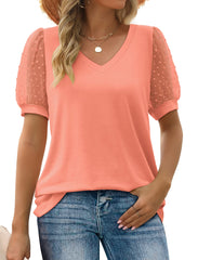 ✨New Women's Summer V Neck T Shirts Swiss Dot Puff Sleeve Tops(BUY 3 FREE SHIPPING)