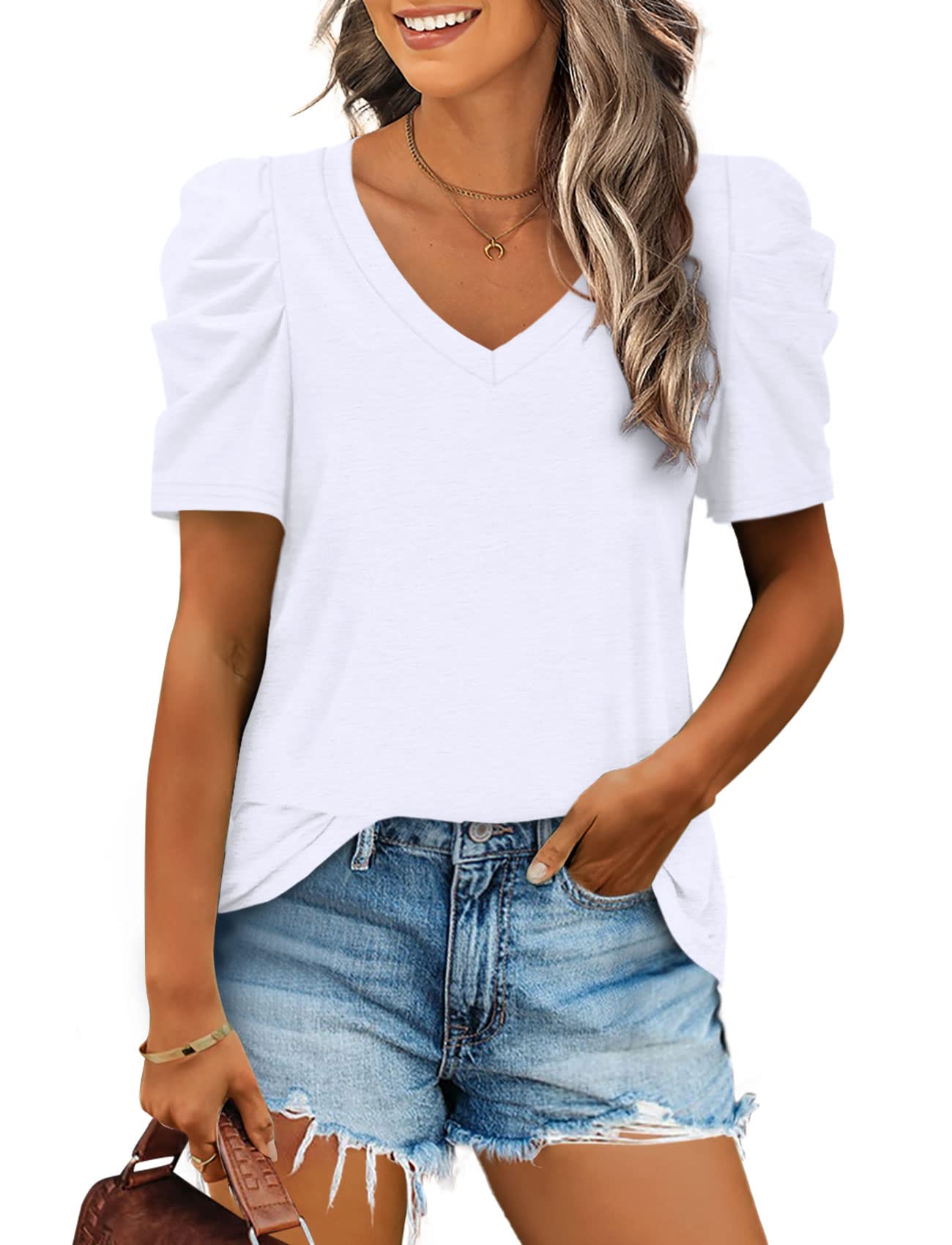 ✨Women's Summer V Neck Puff Sleeve Tshirts(BUY 3 Free Shipping)