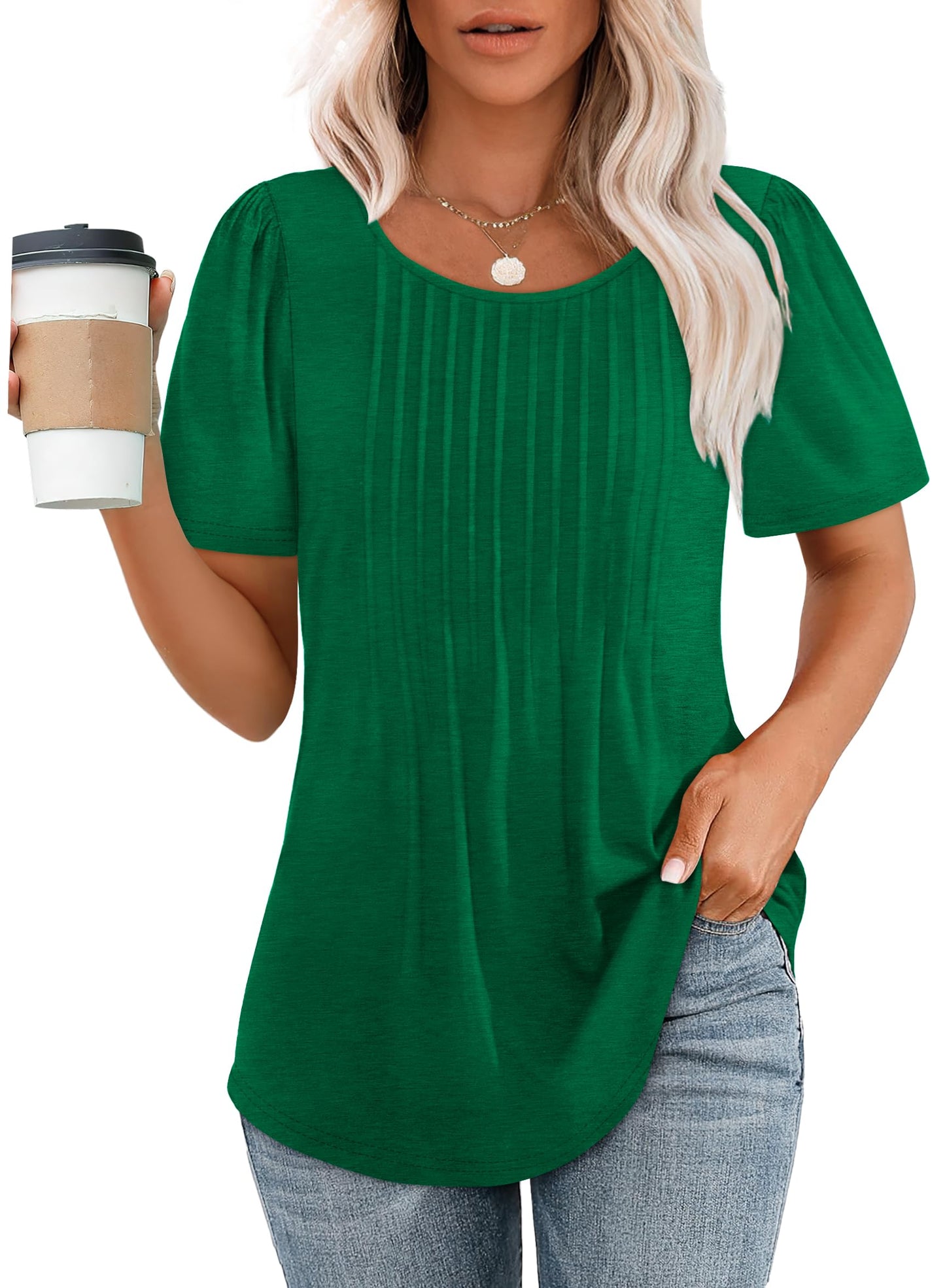 ✨Women's Short Sleeve Pleated Dressy Casual Scooped Neck Tops (Buy 3 Free Shipping)
