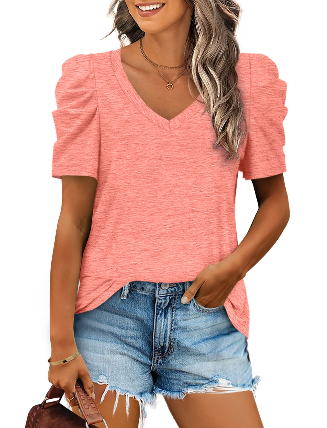 ✨Women's Summer V Neck Puff Sleeve Tshirts(BUY 3 Free Shipping)