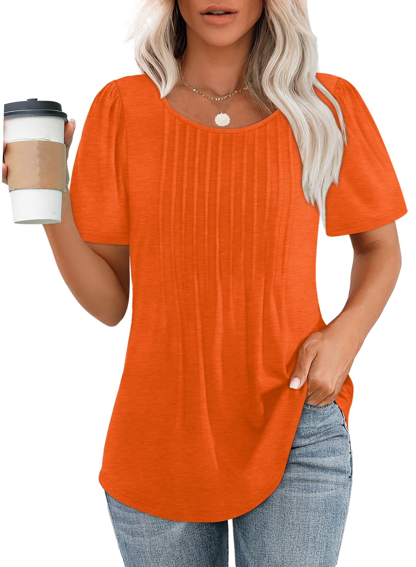 🌞Women's Short Sleeve Pleated Dressy Casual Scooped Neck Tops (Buy 3 Free Shipping)