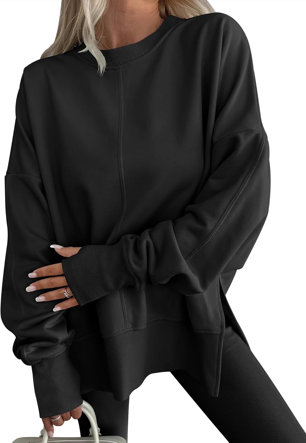 ✨Womens Oversized Thumbhole Long Sleeve Side Slit Pullover Top