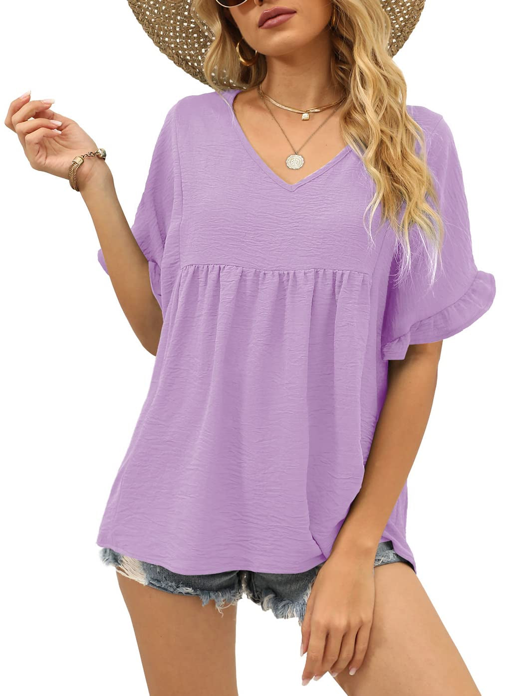 ✨Womens Tops Casual V Neck Ruffle Sleeve T Shirts Babydoll Loose Fit Peplum Tops