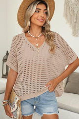 ✨Womens Summer V Neck Short Sleeve Button Down Sweater Casual Crochet Hollow Out Knit Tops Beach Coverup (Buy 2 Free Shipping!!!)