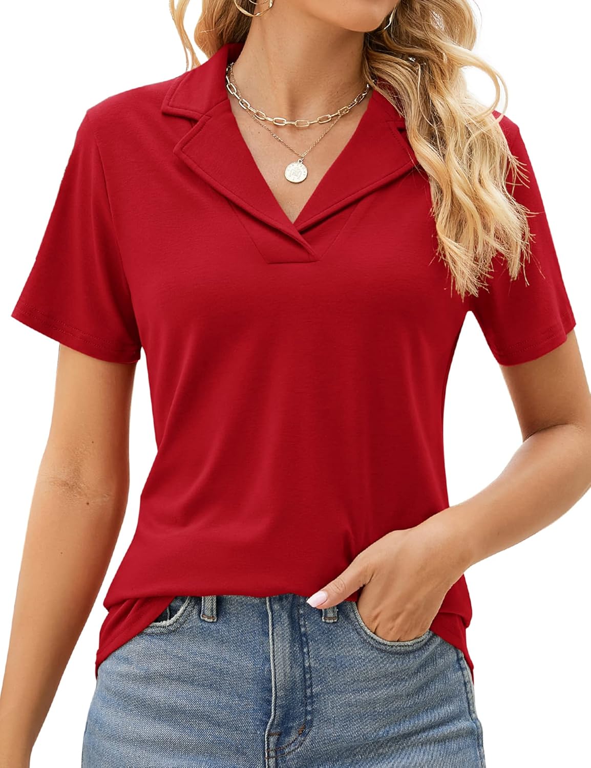 ✨Women's Lapel Collar V Neck Short Sleeve Polo Shirts(Buy 3 Free Shipping)
