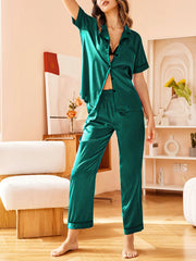 Short Sleeve Silk Satin Pajamas Set