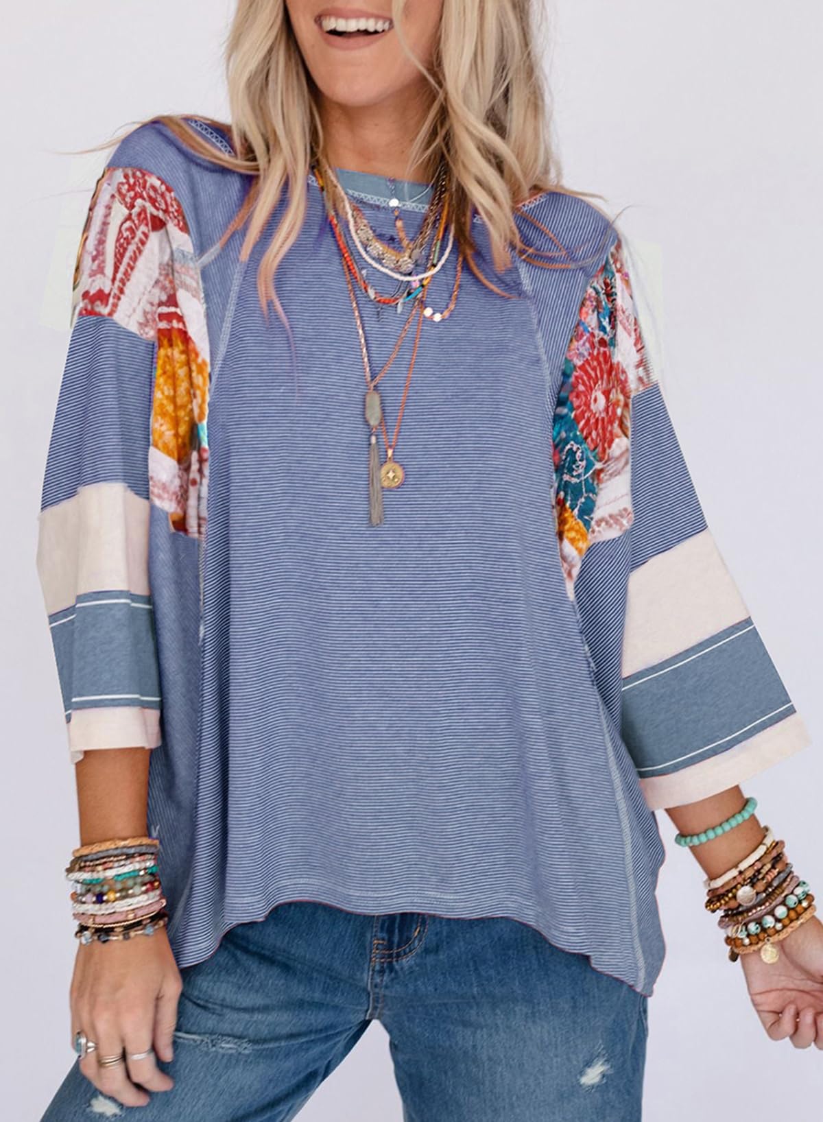 ✨Women's 3/4 Length Sleeve Oversized Striped Patchwork Shirts(buy 2 free shipping)