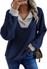 ✨Women's Colorblock Button Up V Neck Long Sleeve Casual Sweatshirts