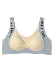 Letter Print Wide Strap Comfy & Breathable Seamless Push Up Bra Beige