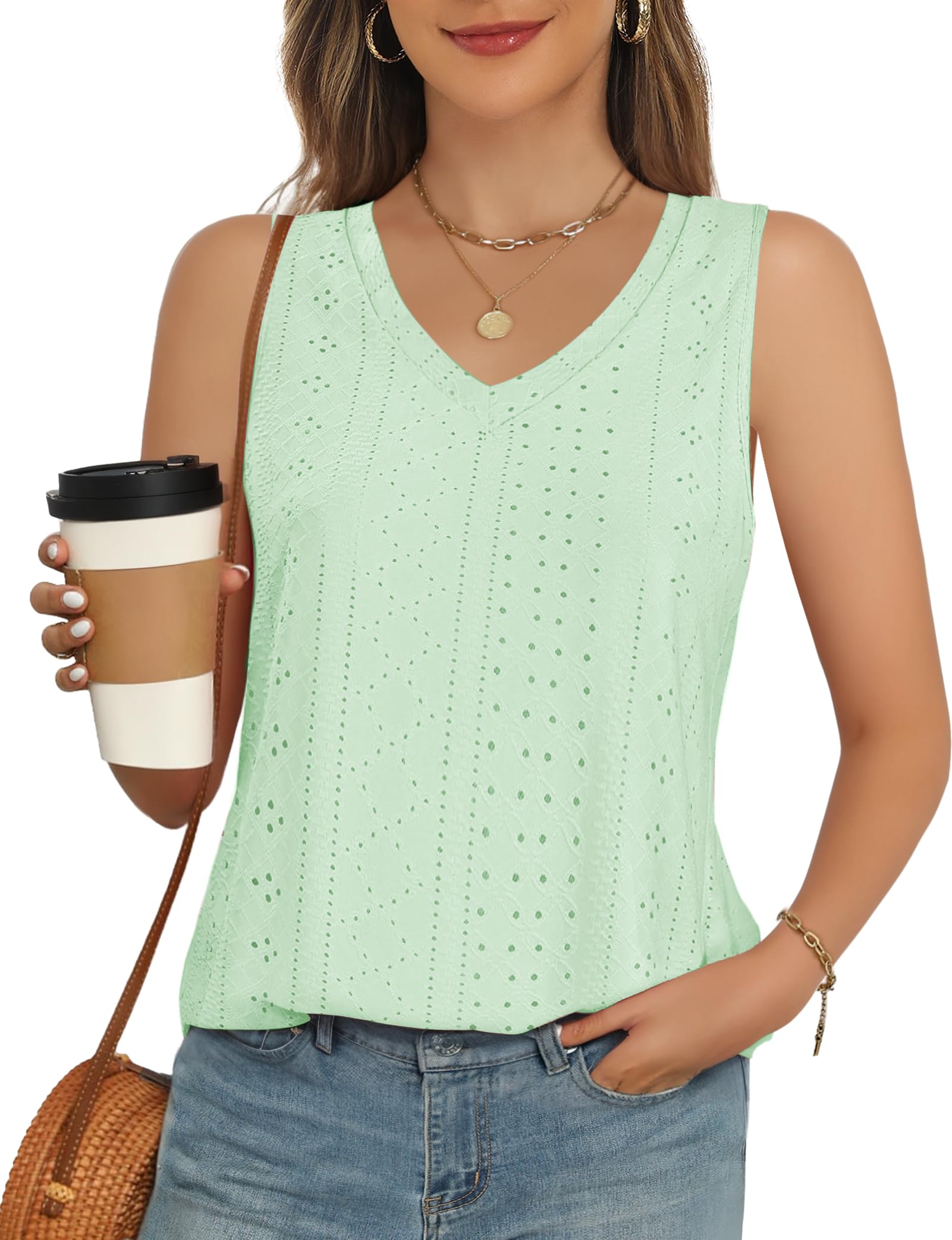 ✨ Womens V Neck Eyelet Embroidery Casaul Sleeveless Shirts(BUY 3 FREE SHIPPING)
