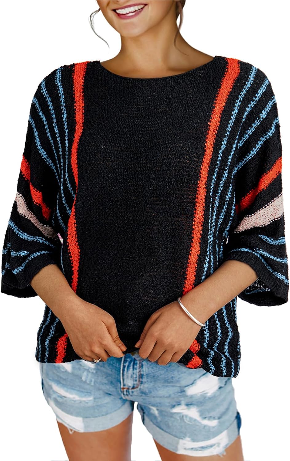 ✨Hot Sale-Women's Casual Color Block Striped Cable Knit Boho Sweater(Buy 2 Free Shipping)