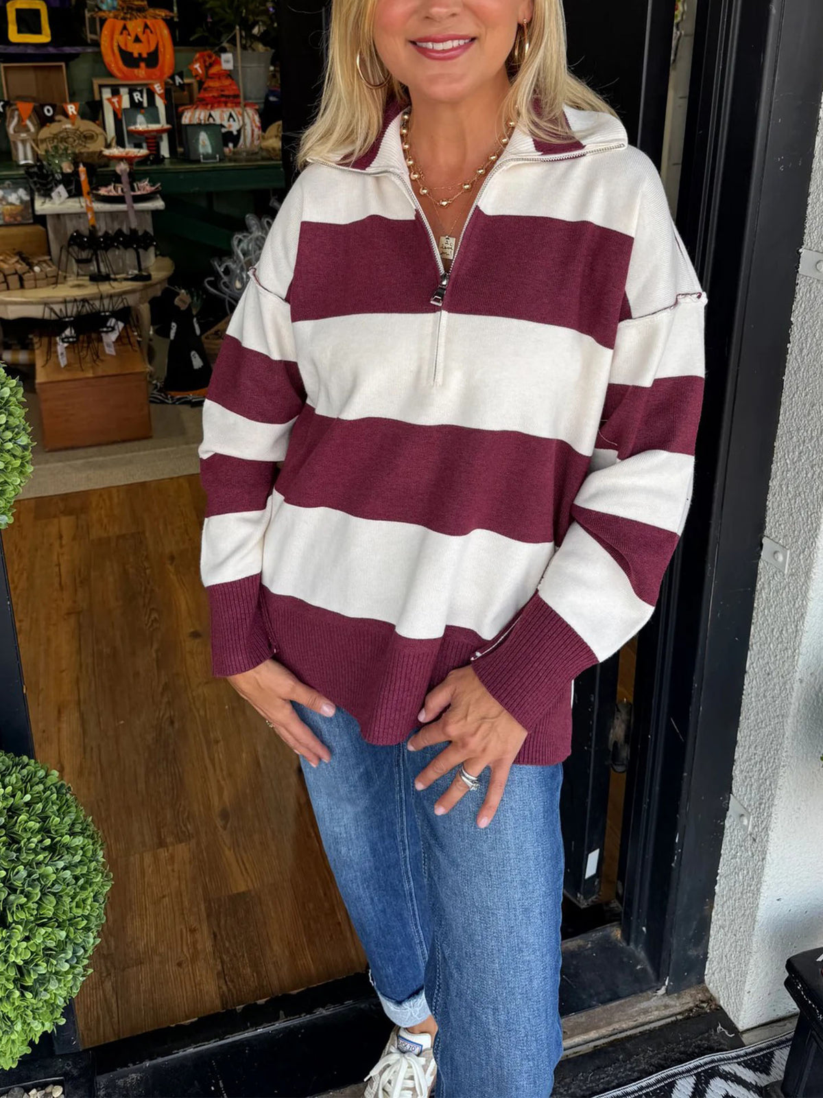 Half Zipper Stripe Pullover (Buy 2 Free Shipping)