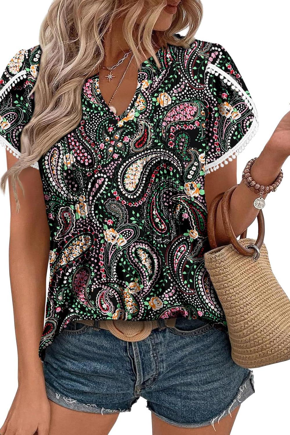 ✨Women's Cute Fringe Cuff Casual Short Sleeve Printed & Solid Tops(BUY 2 FREE SHIPPING)
