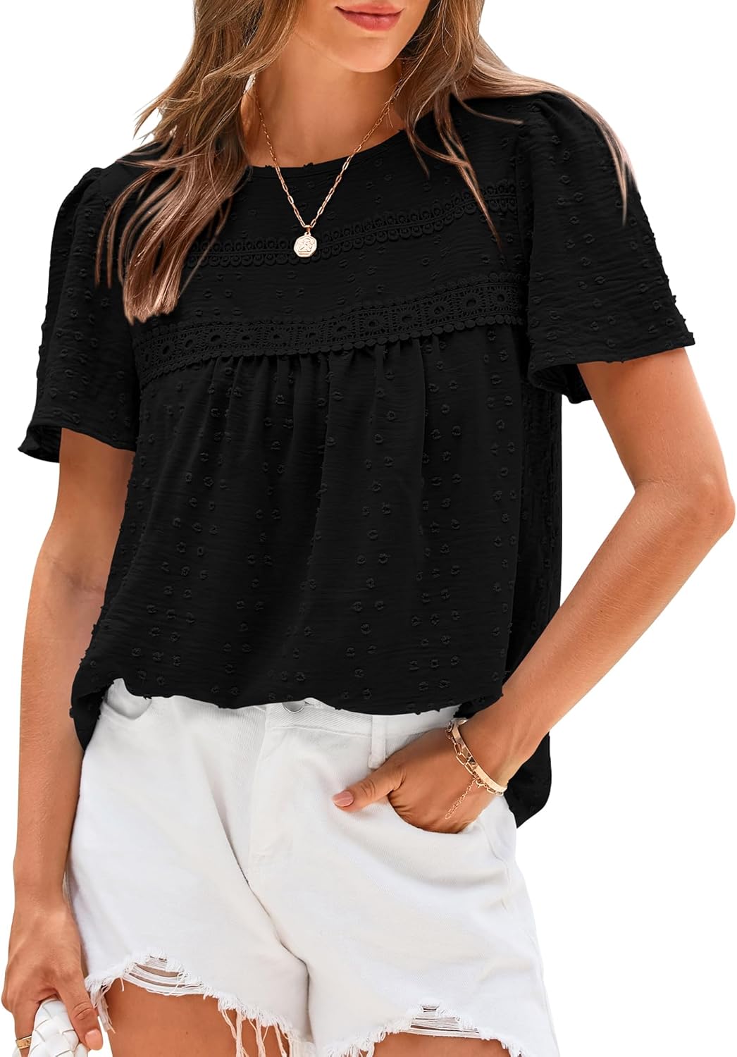 ✨Women's Swiss Dot Lace Crochet Crewneck Boho Short Sleeves(Buy 2 Free Shipping)