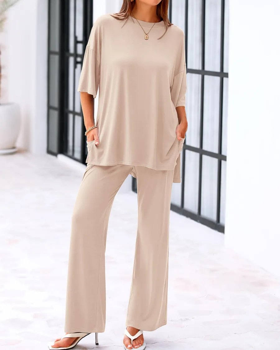 CLEARANCE SALE🔥Casual 2-Piece Loose-Fit Short Sleeve Top & Wide-Leg Pants Set with Pockets