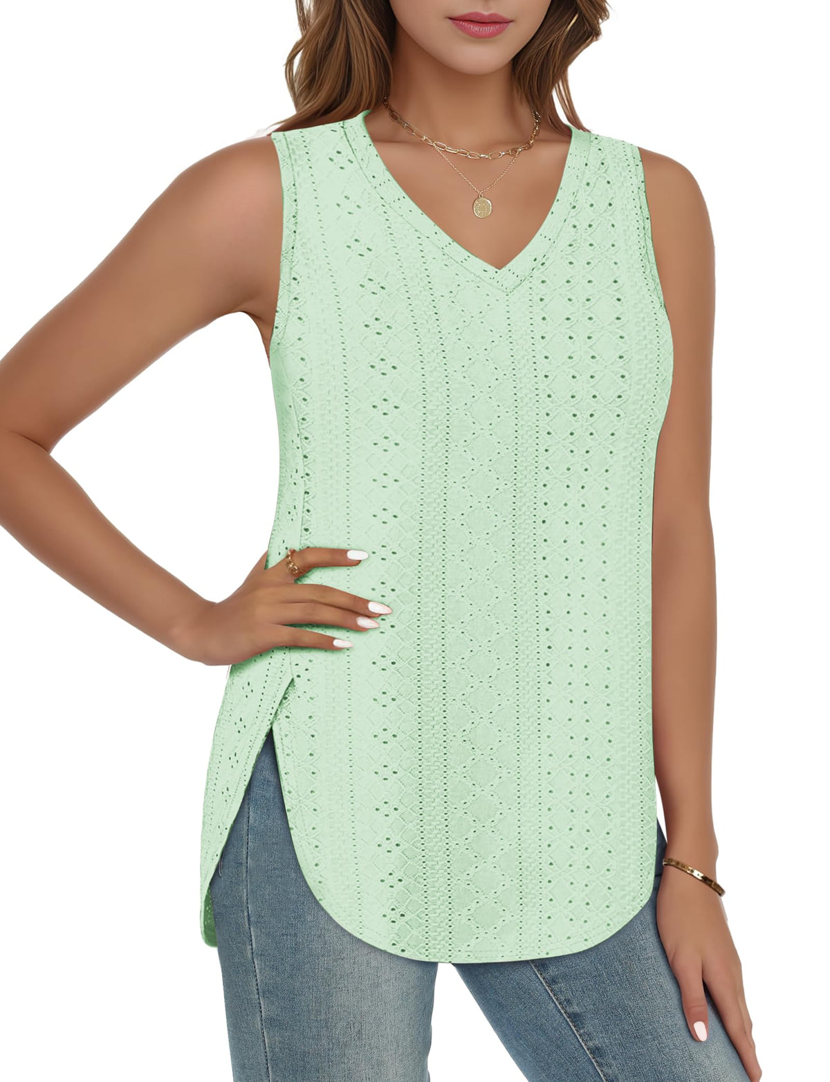 ✨ Womens V Neck Eyelet Embroidery Casaul Sleeveless Shirts(BUY 3 FREE SHIPPING)