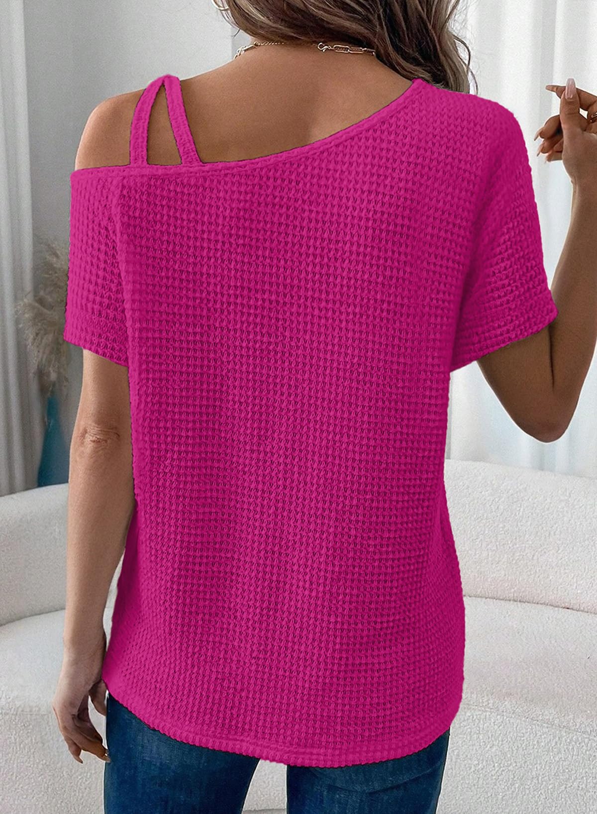 ✨Women's Off One Shoulder Waffle Knit Short Sleeve T-Shirts(buy 2 free shipping)
