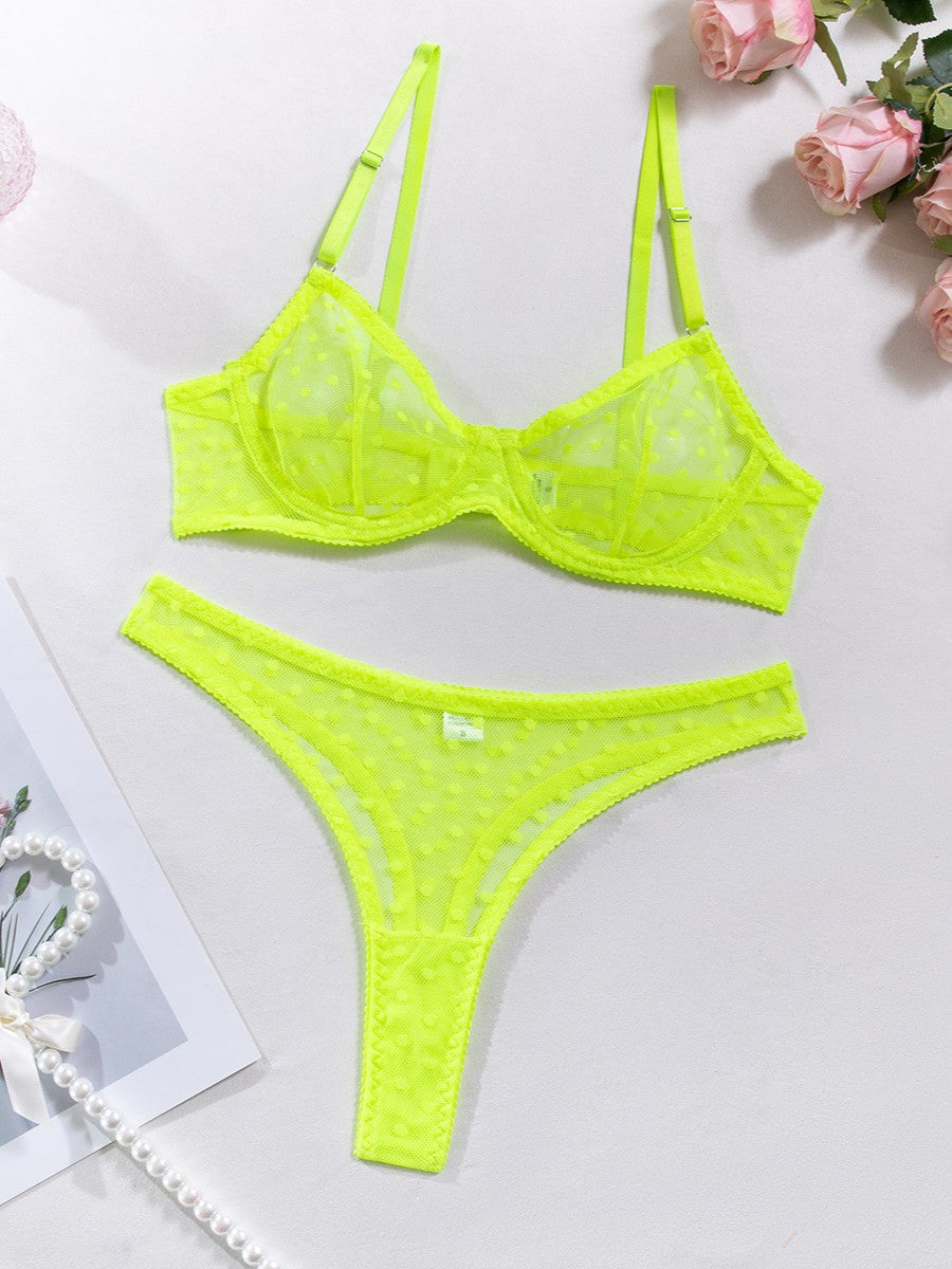Sexy Polka Dot Half Cup Ultra Thin See Through Lingerie Set