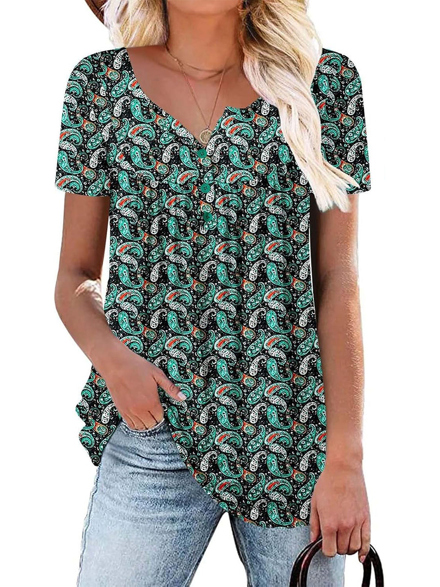 ✨Women's Printed Botton Down Pleated Short Sleeve Shirts Tunic Tops