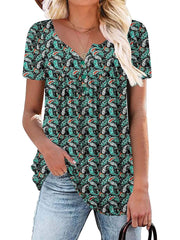✨Women's Printed Botton Down Pleated Short Sleeve Shirts Tunic Tops
