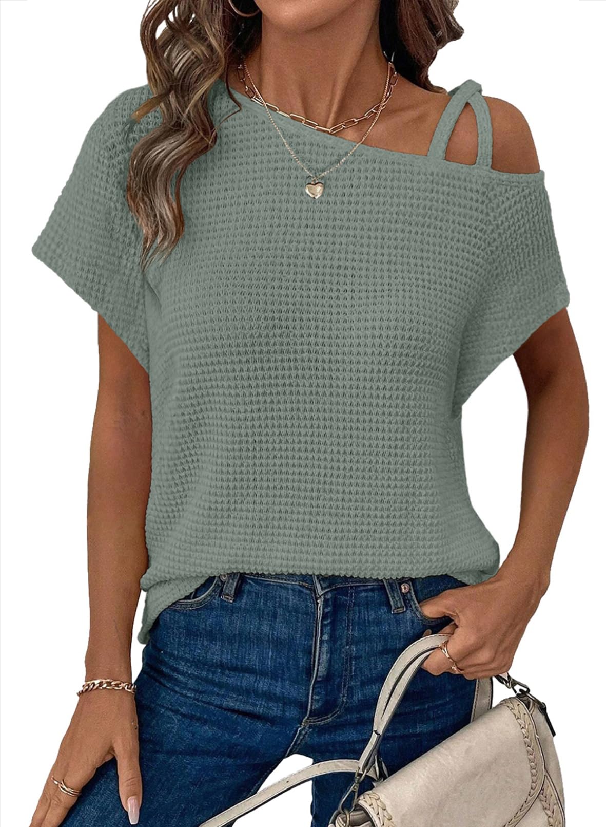 ✨Women's Off One Shoulder Waffle Knit Short Sleeve T-Shirts(buy 2 free shipping)