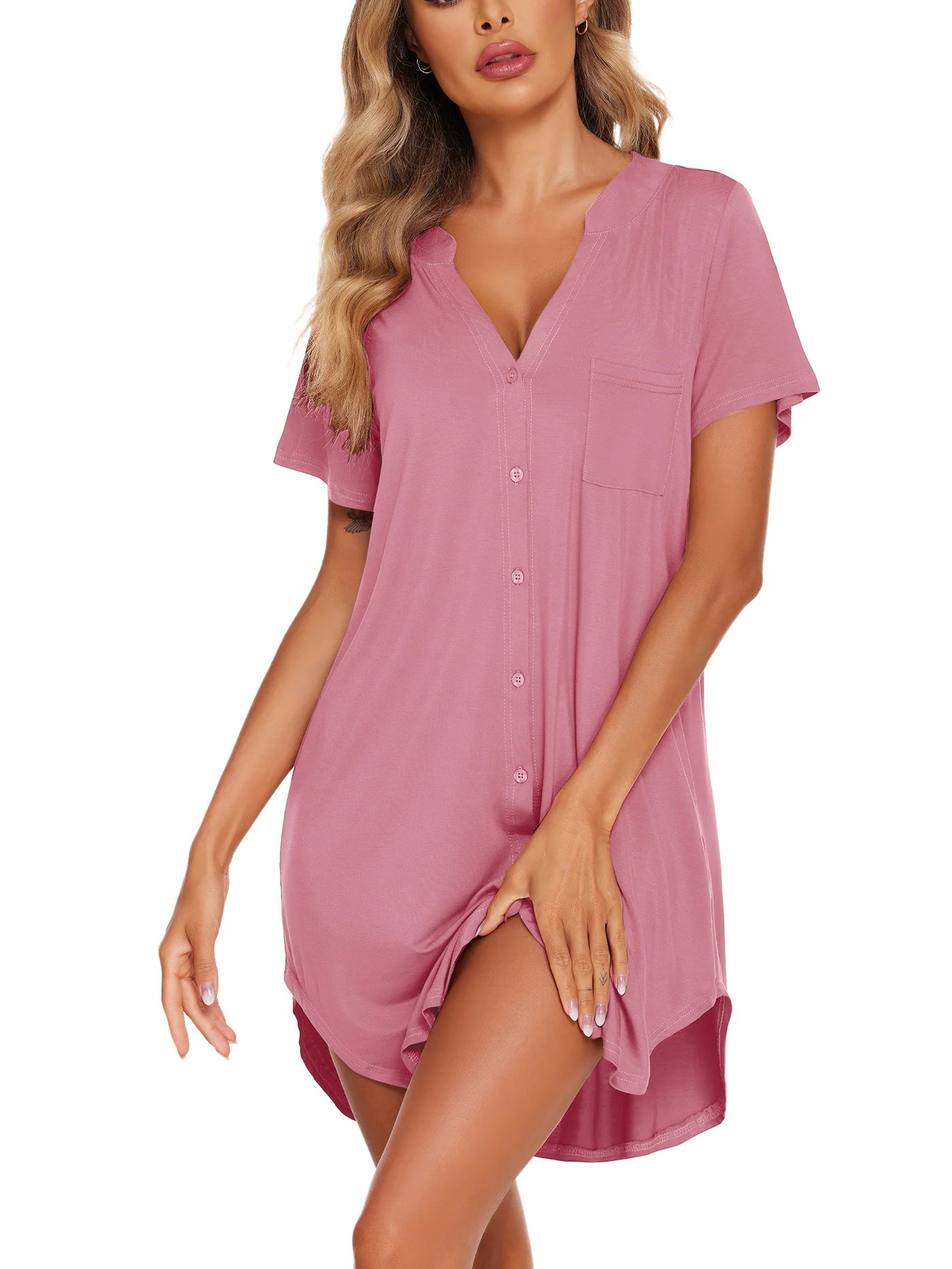 Loose Short Sleeve Button Dress Midi Shirt V Neck Nightdress