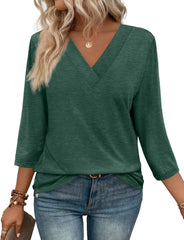 ✨Flash Sale Women's Trendy V Neck 3/4 Long Sleeve Tops Loose Fit Blouse (Buy 3 Free Shipping)