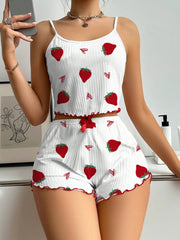 Strawberry Print Camisole And Shorts Pajamas Set White