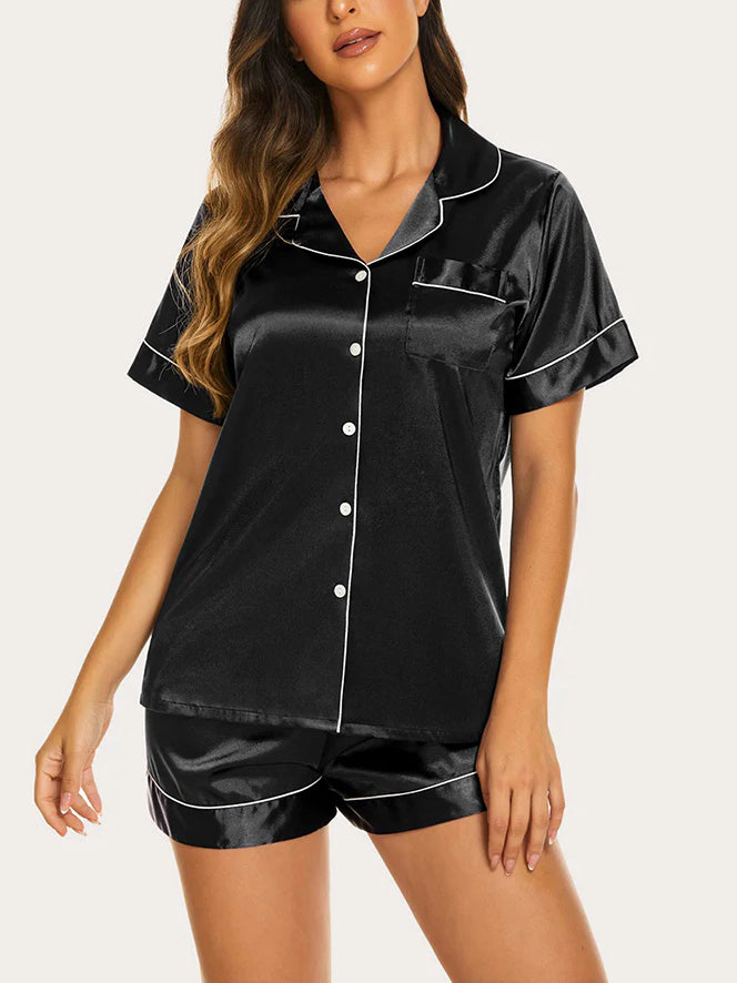 Threaded Solid Color Short Sleeve Shorts Casual Lapel Loungewear Set Black