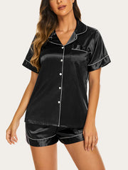 Threaded Solid Color Short Sleeve Shorts Casual Lapel Loungewear Set Black