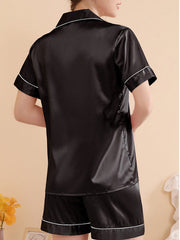 Threaded Solid Color Short Sleeve Shorts Casual Lapel Loungewear Set Black