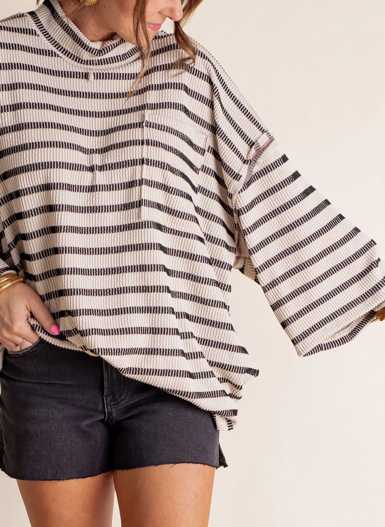 Women's 2025 Spring New Ribbed Striped Crew Neck Pocket Top(Buy 2 Free Shipping)