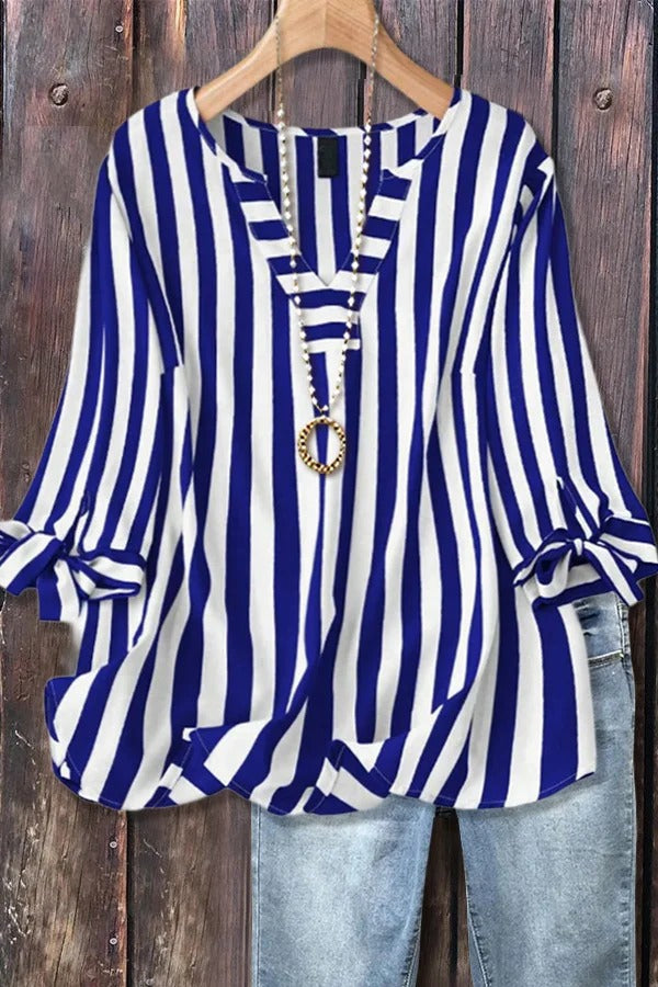 ✨Women's Casual Striped V-Neck Tied Sleeve Top  Versatile Blouse(BUY 2 FREE SHIPPING)